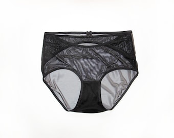Black Classic Hipster style sheer panties with mesh detail.
