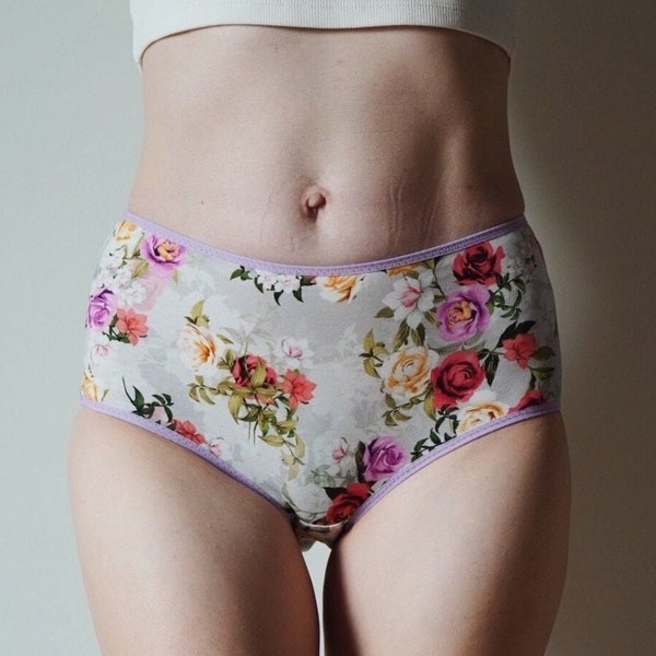 Panties High waisted for women with bright roses. Floral panties. Handmade underwear. Cotton unique panties.