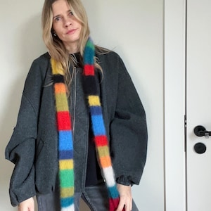 Hand Knit Rainbow Mohair Silk Skinny Scarf, Long Fluffy Striped Scarf, Colorful Luxury Mohair Scarf, Soft Handmade Gift for Her.