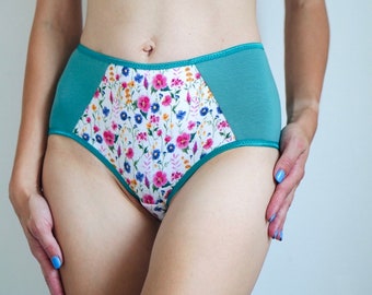 GOTS Organic cotton Panties. Sea-green cotton and flowers. High style. Natural materials. Sustainability underwear.