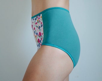 Organic cotton Panties. Sea-green cotton with flowers. High panties Hypoallergenic Natural womens. Sustainability underwear.