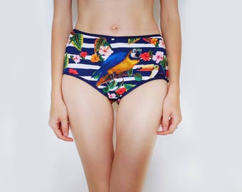 Striped Cotton Panties, Tropical Birds and Floral Print