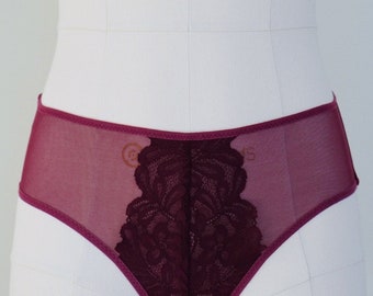 High-cut burgundy lace panties. Bordo lace with burgundy sheer mesh. Women sexy panties. All size. Custom order. Plus size.