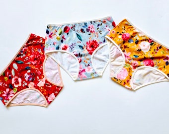 Floral Organic Cotton High-Waisted Panties, Handmade Hipster 3-Pack