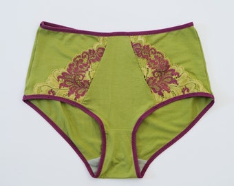 Moss green Organic modal panties with bordo lace details. Medium High Waist. Underwear for women. Very soft panties. Panties with lace.
