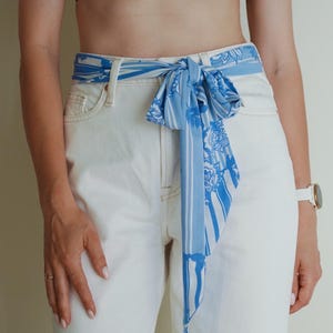 Blue Floral Skinny Scarf, Long Viscose Hair Wrap, Mod Waist Tie, Kawaii Bow, Retro Neck Ribbon, Handmade Gift Sash. blue porcelain accessory