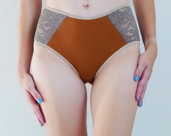 Comfy Hipster panties. Briefs a ribbed quality. All sizes. Cognac color cotton underwear. Organic cotton. cappuccino color Lace panties