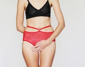 Red sheer harness knickers. Romantic and feminine. All sizes. Red sexy panties. All sizes.