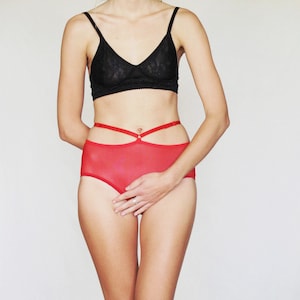 Red sheer harness knickers. Romantic and feminine. All sizes. Red sexy panties. All sizes.