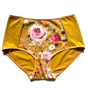Organic Cotton High-Waisted Panties. Yellow Floral Print, Eco-Friendly Lingerie, Sustainable Women’s Underwear