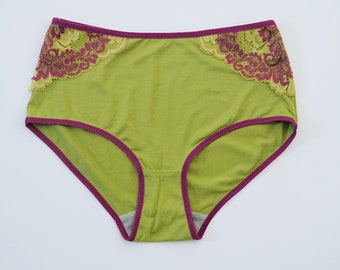 Moss green Organic modal panties with bordo lace details. Medium High Waist. Underwear for women. Soft panties. Panties with lace.