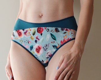 A comfy high waist hipster panties. All sizes. Blue and floral cotton underwear. Organic cotton.