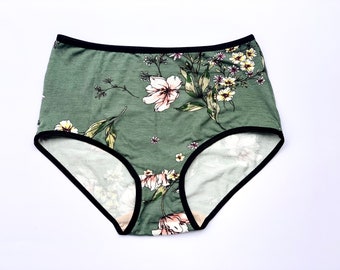 Floral High style Panties. Gentle material. Knickers in all Sizes. Khaki green panties with white and pink flowers. Handmade custom