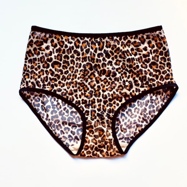 Hipster panties in sheer mesh with black trim. Leopard print panties. women's lingerie. Romantic gift. Handmade to Order