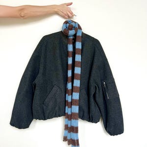 Hand-Knitted Mohair Silk Scarf – Blue & Brown Striped Skinny Scarf