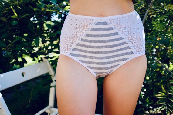 Medium High Waist Panties. Grey Striped and Lace Panties. All