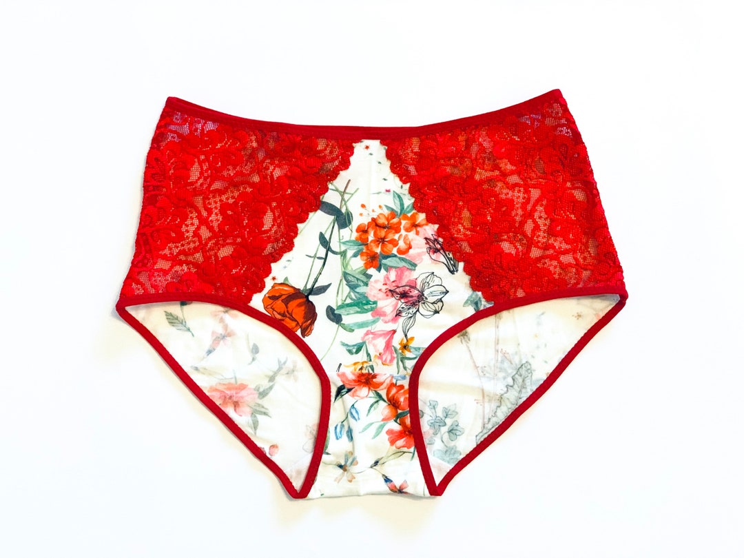 Floral Panties With Red Lace. Medium High Waisted. Underwear Etsy