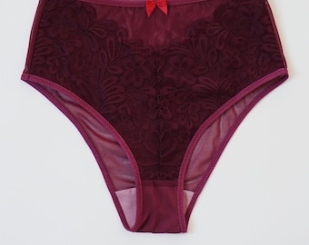 High-cut burgundy lace panties. Bordo lace with burgundy sheer mesh. Women sexy panties. All size. Custom order. Plus size.