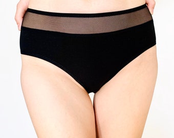 Medium high style panties with sheer mesh detail. Black cotton panties. women’s lingerie. Romantic black panties. Sexy and comfy lingerie.