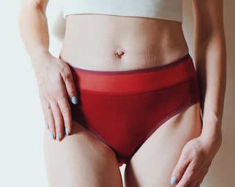 Panties high waisted Ruby red organic cotton and sheer mesh. Organic cotton Panties. See through. Sexy red and comfy. Plus size panties.