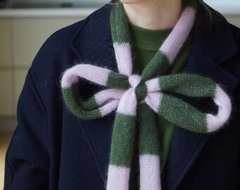 Hand-Knitted Mohair Silk Skinny Scarf. Green and light pink Striped