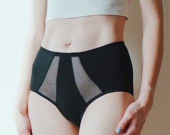 High waisted panties. Black organic cotton panty. Sheer mesh details. Organic cotton underwear. Comfy and sexy. Plus size panties. Lingerie.