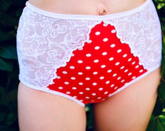 Red panties with white dots. Medium High Waisted. Underwear for women. Panties with lace. Cotton panties. Free shipping. All sizes