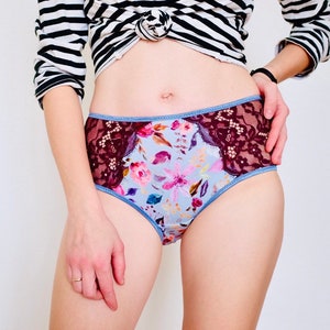 Panties high style organic cotton. Floral panties Handmade. Medium high rise. Woman panties. Lace panty. Comfy cotton panties. Handmade.