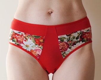 Panties High waist style. Floral panty. Red and floral cotton underwear. Organic cotton. Panties for women. Comfy Sexy red.