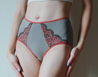 GOTS Organic cotton panties with gray, and pink lace. Medium High Waist. Underwear for women. Cotton panties. Panties with lace. Free shippi