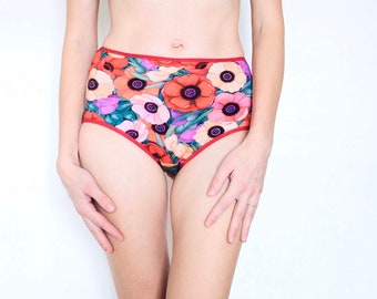 High waisted Panties with poppies print. comfortable cotton panties. Woman panties. High quality handmade. Floral panty sexy red and comfy.