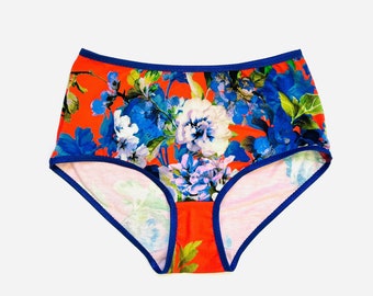 Floral High waisted style Panties. Gentle cotton material. Bright red panties. Cotton underwear. Comfy and bright panty. Plus size panties.