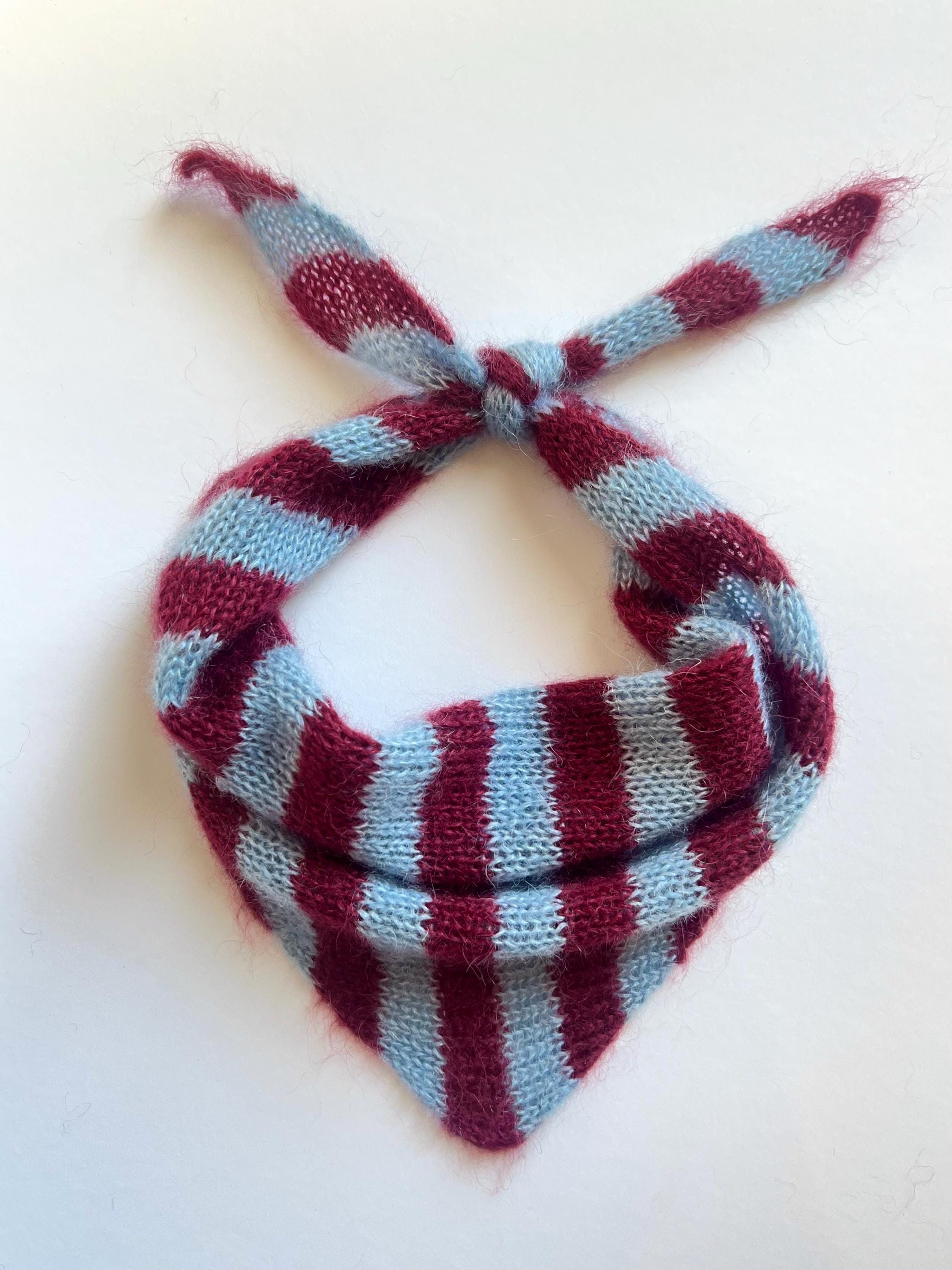 Striped Mohair Mini Scarf, Custom Color Bandana, Silk Blend Triangle Neck Scarf, Soft Fluffy Headscarf, Handmade Gift for Her