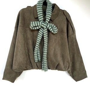 Green Mohair Skinny Scarf | Sage Striped Mohair Silk Scarf | Long Bow Neck Scarf | Hand Knit Fluffy Scarf