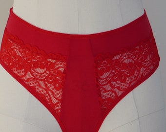 A comfy high waist panties. All sizes. Red and floral lace underwear. Organic cotton. Sexy red underwear.