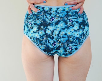 Panties high waisted with Forget-me-nots print. Organic panties, Handmade sustainable underwear, Cotton high style woman panties.