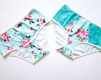 GOTS Organic Panties 2-pack. Floral Cotton panties. Certified organic floral cotton. Handmade. Medium high style. Sustainable underwear.
