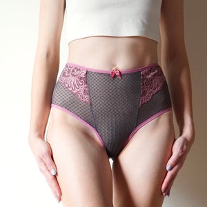 Comfy Panties high-cut leg. High waisted panties. All sizes. Grey and pink color sheer mesh underwear. Lace panties see through.