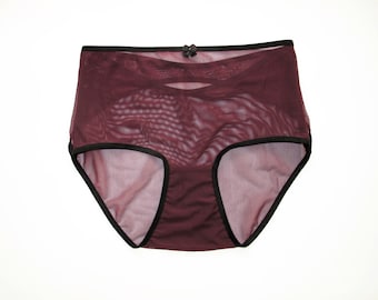 Dark purple colors Classic High style sheer panties with mesh detail.