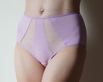 High style Panties with sheer mesh details. Light lavander color organic cotton panties. All sizes.
