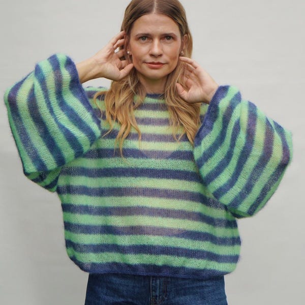 Striped Mohair Sweater, Oversized Balloon Sleeve Jumper, Sheer Fluffy Knit, Green Blue Handmade Sweater, Custom Colour Pullover