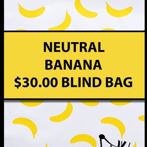 May include: A yellow blind bag with a white background featuring a repeating pattern of yellow bananas. The bag has a yellow label with black text that reads "NEUTRAL BANANA $30.00 BLIND BAG". The bottom of the bag has a black and white logo that reads "Curious Minds Busy Bags".