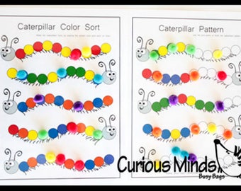 May include: A printable worksheet with two caterpillar activities. The first activity is a color sort, where children match pom-poms to the caterpillar's body. The second activity is a pattern activity, where children match pom-poms to create a repeating pattern.