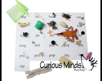 May include: A white board with a grid of squares, each containing a word and a small object. The words are: bag, ba, bud, can, fox, ha, jar, jax, lid, mug, nut, pan, peg, pig, pin, pot, pop, tag, to, zip. The objects are: a green bag, a baseball bat, a flower bud, a can, a fox, a hat, a jar, a toy, a lid, a mug, a nut, a pan, a peg, a pig, a pin, a pot, a pop, a tag, a toy, and a zipper.