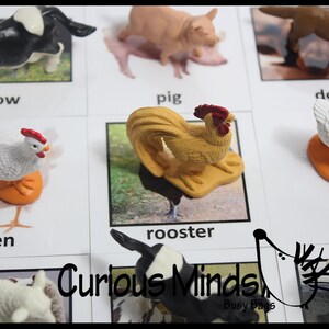 Montessori Farm Animal Match - Miniature Animals with Matching Cards - 2 Part Cards.  Montessori learning toy, language materials