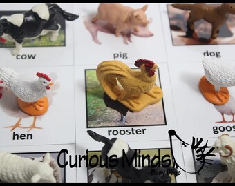 Montessori Farm Animal Match - Miniature Animals with Matching Cards - 2 Part Cards.  Montessori learning toy, language materials
