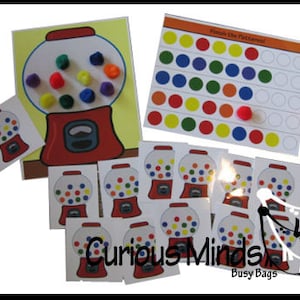 May include: A set of printable gumball machine themed busy bag activities. The set includes a gumball machine with colorful pom-poms, a pattern recognition activity, and several gumball machines with different colored gumballs.