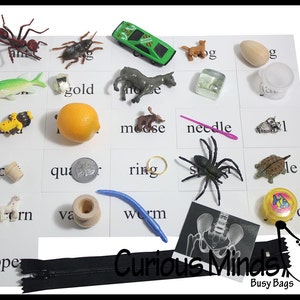 Puede incluir: Un conjunto de 20 pequeños juguetes y tarjetas con palabras impresas en ellos. Los artículos incluyen una hormiga roja, un anillo de oro, un limón, un alce, una aguja, una araña, una tortuga, una cremallera, un unicornio, un gusano, un jarrón, una moneda de veinticinco centavos, un pez, un perro, un coche, una moneda de oro, un huevo de plástico, una taza de plástico, un yoyo y una imagen de rayos X. Las tarjetas tienen las palabras "gold", "dog", "g", "la", "moose", "needle", "F", "qua", "ring", "le", "unyorn", "zipper", "va", "worm", "Curious Minds" y "Busy Bags" impresas en ellas.