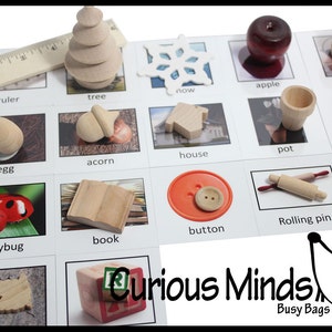 Montessori Object Match - Objetos em miniatura com cartas correspondentes - Cartões de 2 partes. Brinquedo de aprendizagem Montessori, materiais linguísticos