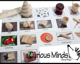 Montessori Object Match - Miniature Objects with Matching Cards - 2 Part Cards.  Montessori learning toy, language materials